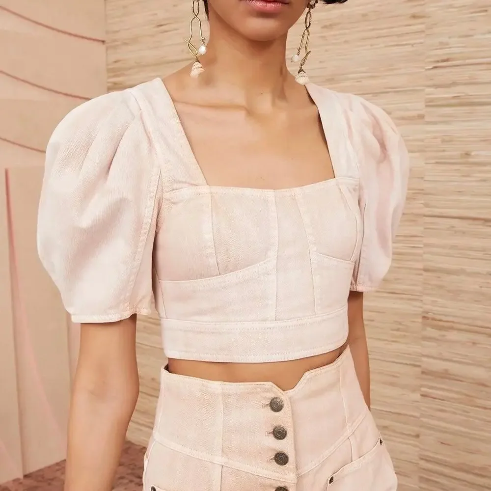Ulla Johnson Renee Denim Bustier Puff Sleeve Crop Top - Sweetbriar - 6